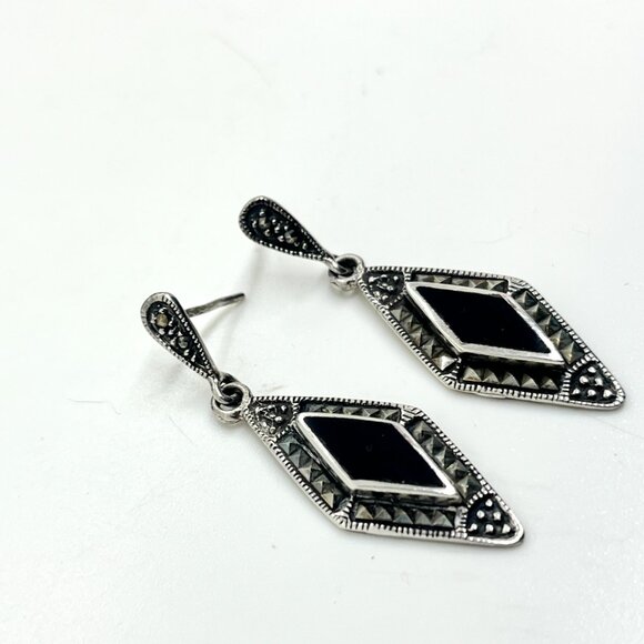 VINTAGE 925 STERLING SILVER MARCASITE ONYX DROP EARRINGS PIERCED ART DECO - Picture 9 of 15